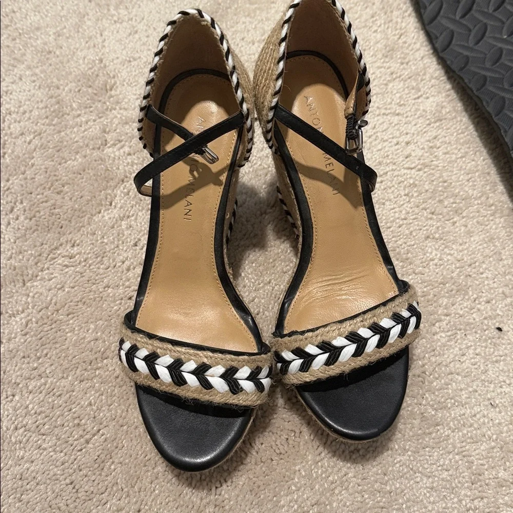 ANTONIO MELANI Black and Tan Woven Wedges - Picture 2 of 7
